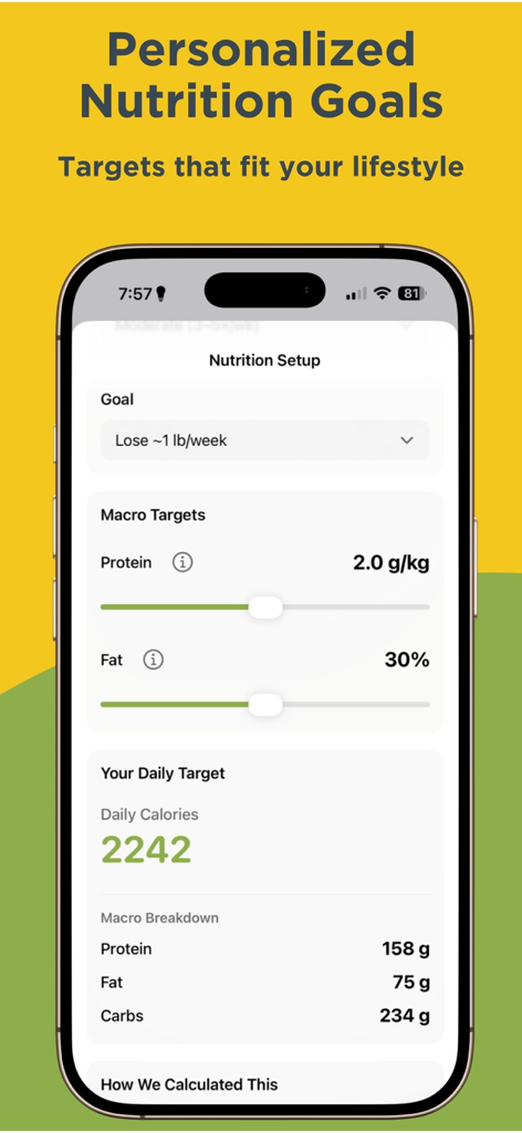 Proteinful: Protein Tracker - Pantalla de la aplicación Proteinful que muestra objetivos de nutrición personalizados con objetivos de calorías y desglose de macronutrientes para proteínas, grasas y carbohidratos.