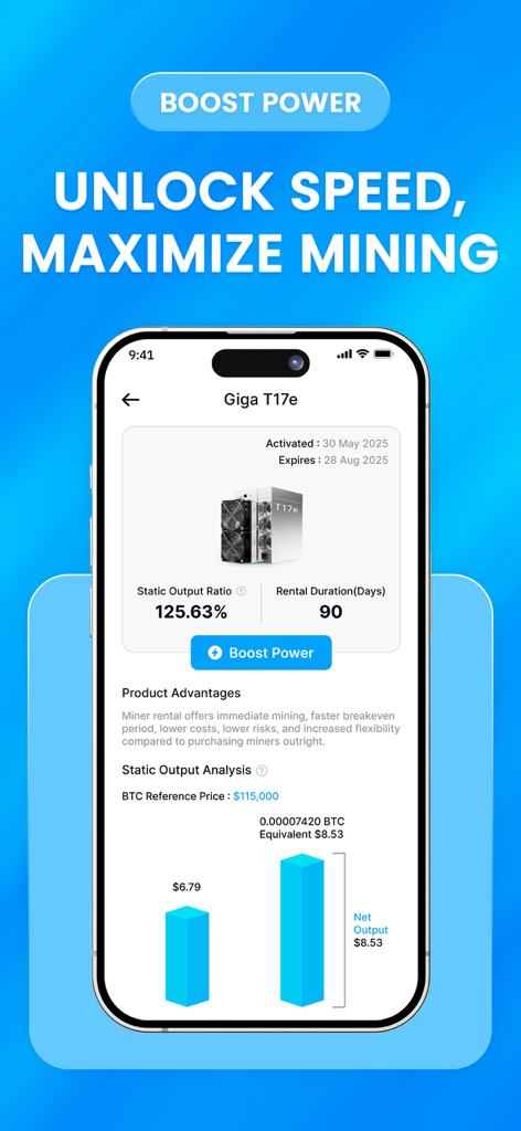 Giga Miner: Bitcoin Mining - iPhone screenshot of Giga Miner app showing Bitcoin cloud mining rental statistics and boost power features.