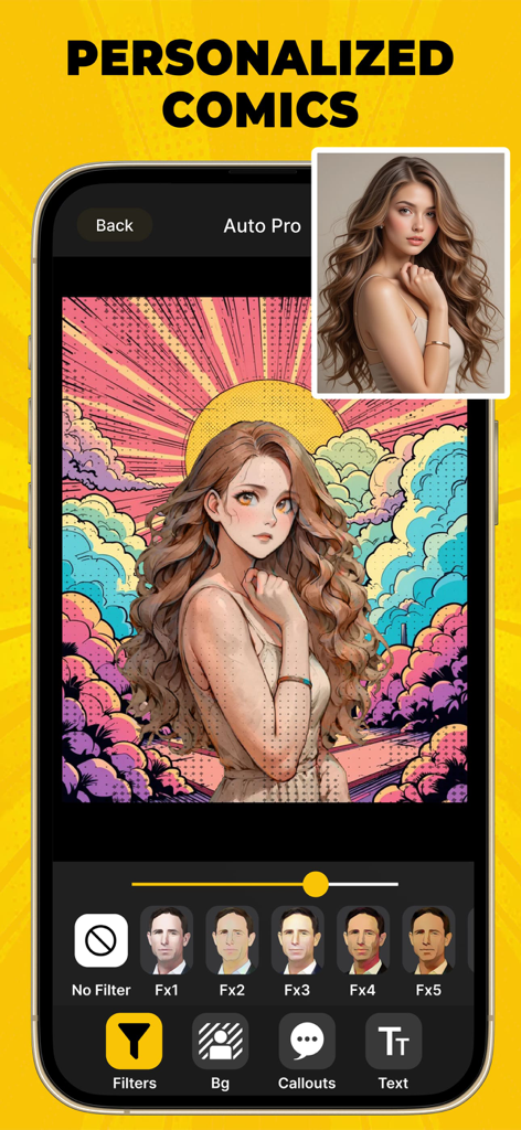 Smartphone app interface for creating personalized comics from photos using cartoon filters.