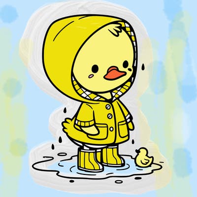 baby duck in a rain coat and boots, in a puddle while it’s raining