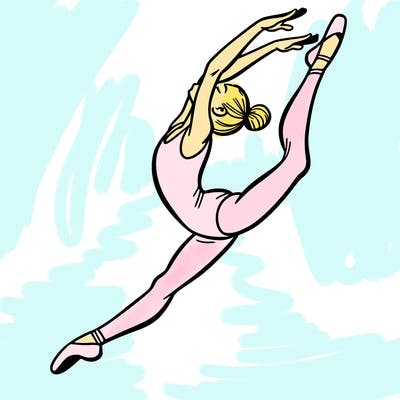 gymnast doing a leap in a leotard with a bent back leg