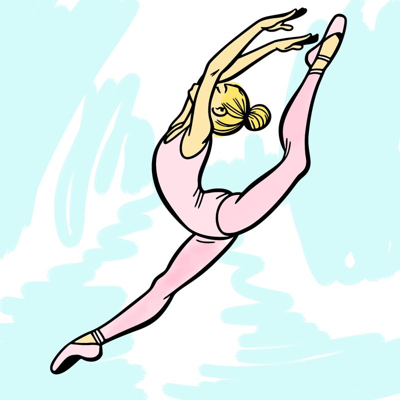 gymnast doing a leap in a leotard with a bent back leg
