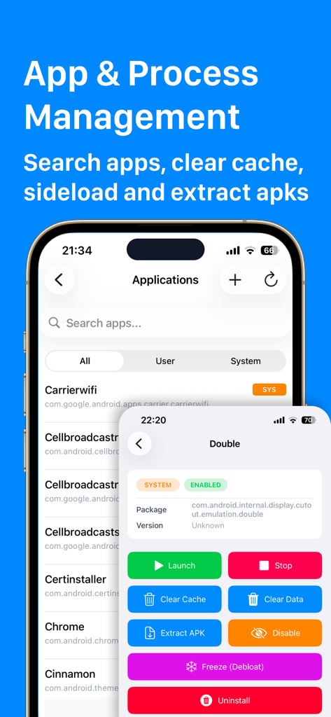 ADB Connect & Debugger for ATV - ADB ConnectアプリのAndroid TVアプリケーション管理インターフェース。キャッシュのクリアやAPKの抽出オプションがあります。