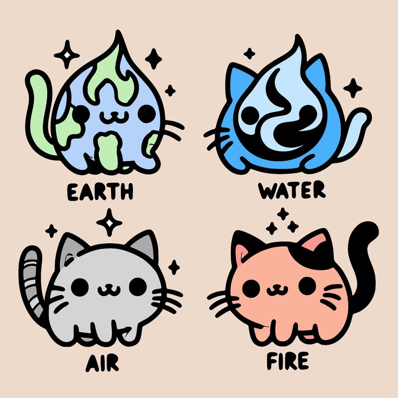 4 cats that represent the different elements, earth, water, air, and fire