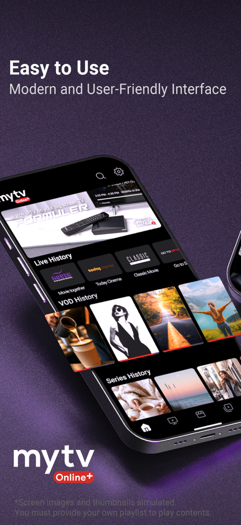 MYTVOnline+ IPTV Player app showing a modern and user-friendly interface on an iPhone.