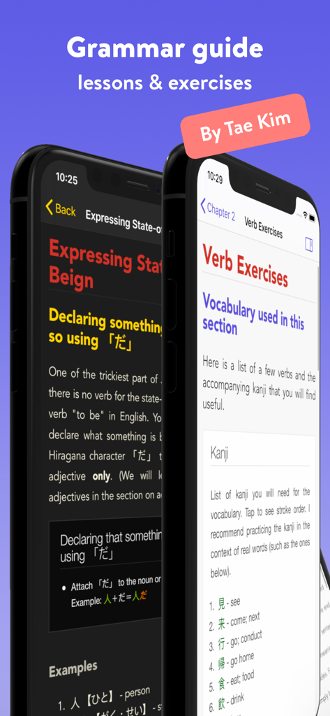 Learn Japanese: Sensei - Screenshot of Learn Japanese Sensei app displaying grammar lessons and verb exercises based on Tae Kim's guide