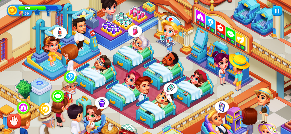 Hospital Madness: Clinic Games - Vibrant cartoon scene of doctors and nurses treating patients in a busy medical clinic ward