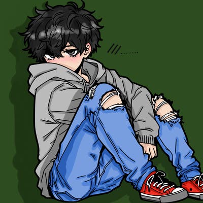 a male hoddie ripped jeans messy hair anime
