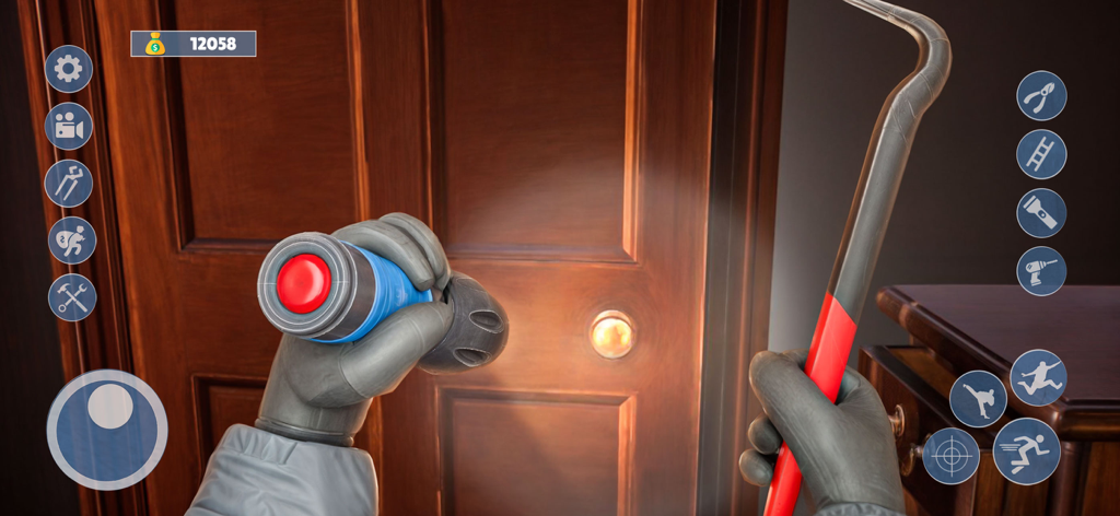 Scary Robber 3D - First person view of a character holding a flashlight and crowbar in front of a wooden door with game UI buttons