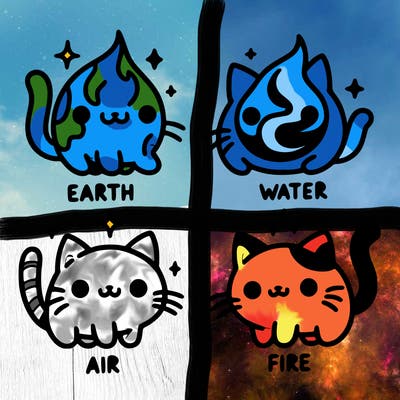 4 cats that represent the different elements, earth, water, air, and fire