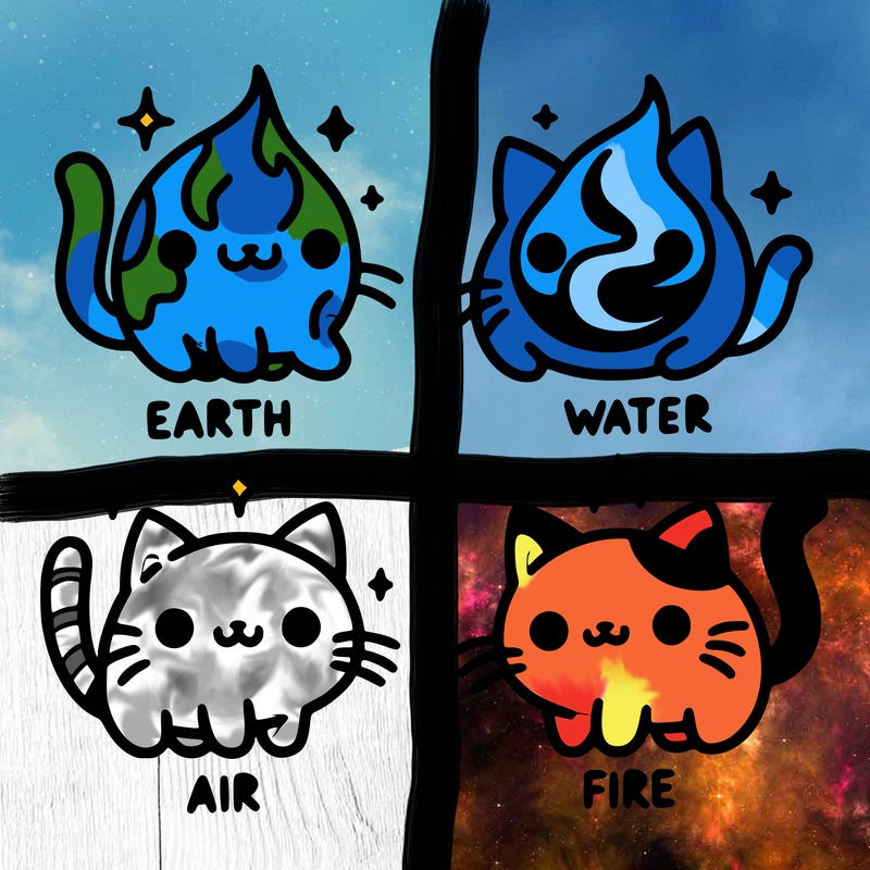 4 cats that represent the different elements, earth, water, air, and fire