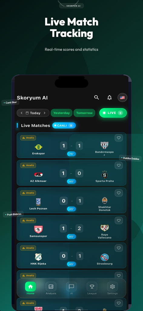 Skoryum AI-Football Predict - Interface of the Skoryum AI app showing live football match scores and real-time statistics.