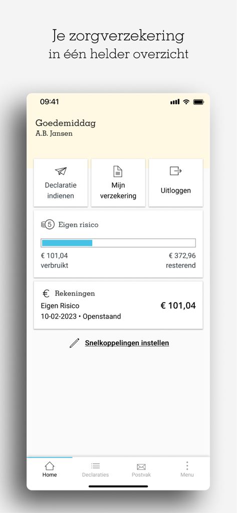 Panel de la app de seguros de salud de ASR mostrando el estado del deducible y el resumen de reclamaciones