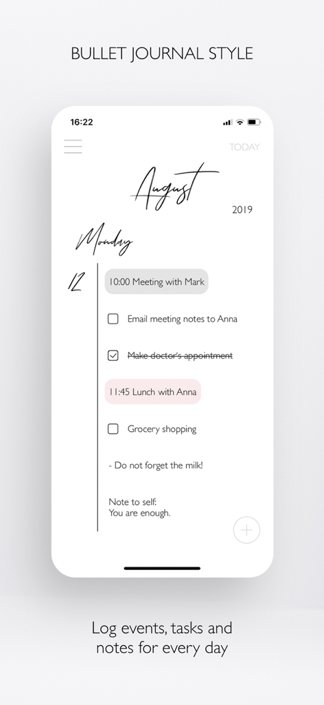 PLANBELLA - Planner App - Planbella app daily planner interface in a minimalist bullet journal style featuring tasks events and personal notes