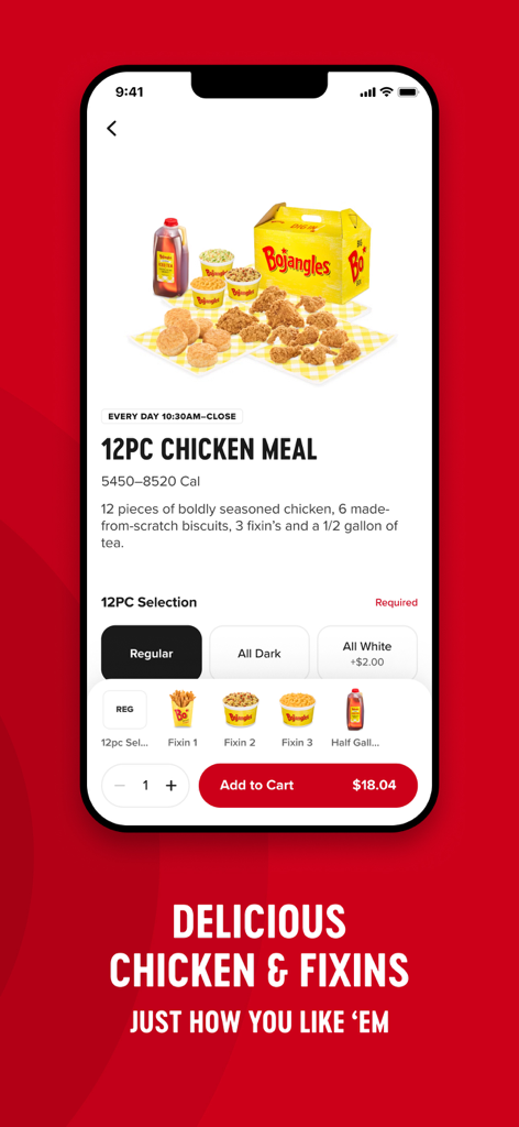 Bojangles Restaurant - Bojangles app screen showing a 12 piece chicken meal with custom side options