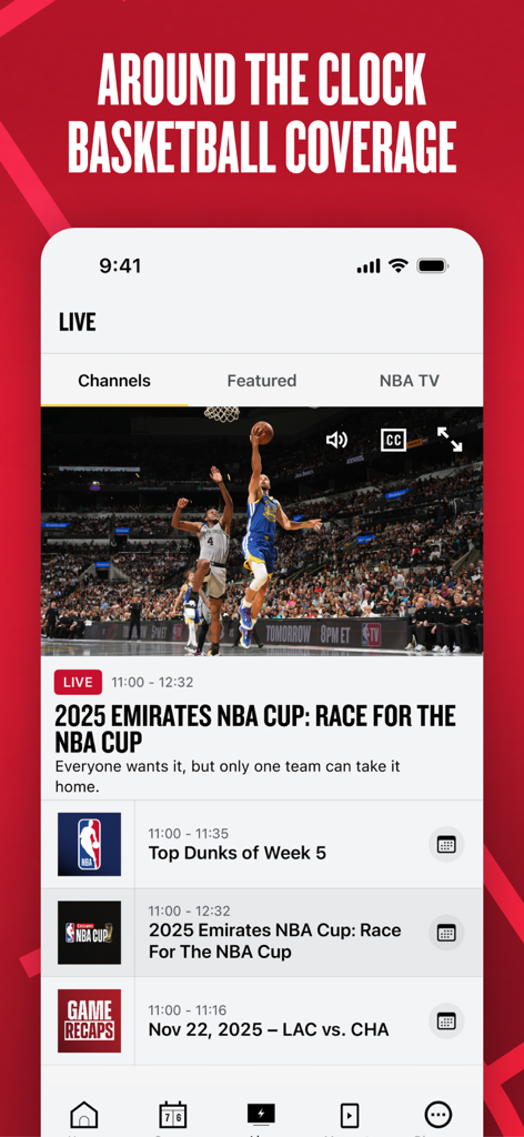 NBA mobile app interface displaying live basketball channels and Emirates NBA Cup game highlights