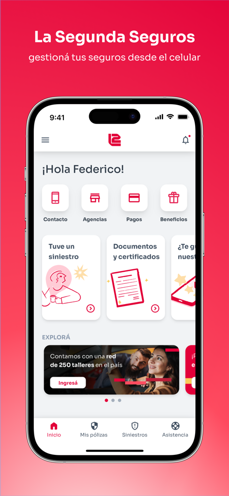 La Segunda Seguros - Interfaz de la pantalla de inicio de la aplicación móvil La Segunda Seguros que muestra opciones de gestión de seguros como pagos y siniestros