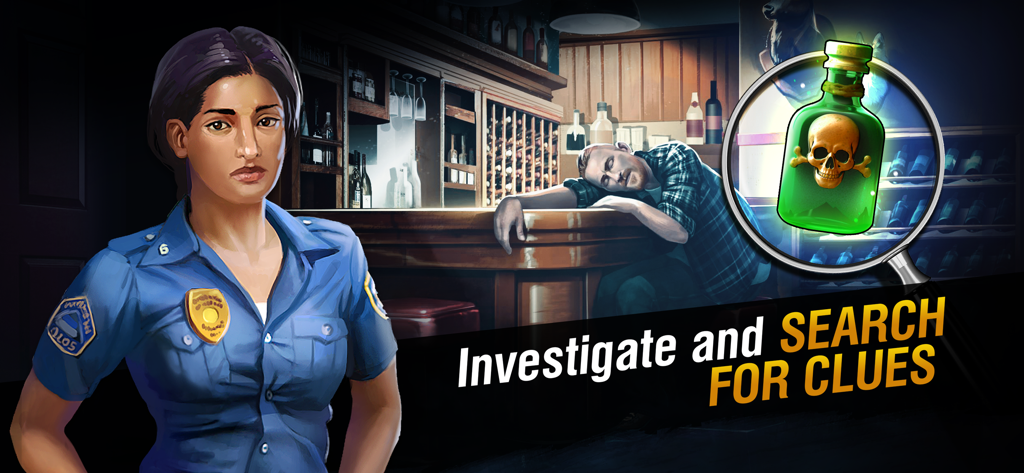 Uma detetive feminina em um bar, cena do crime, investigando uma garrafa verde venenosa através de uma lupa.