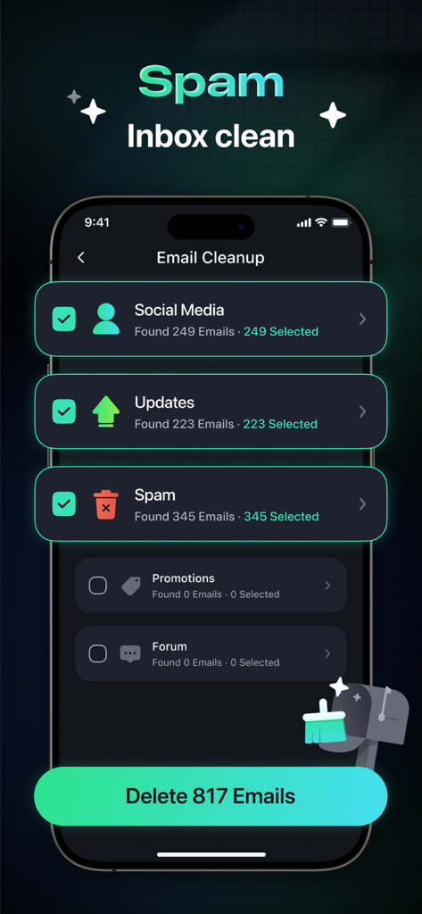 Interface of Space Cleaner app showing the email cleanup feature with options to delete social media updates and spam
