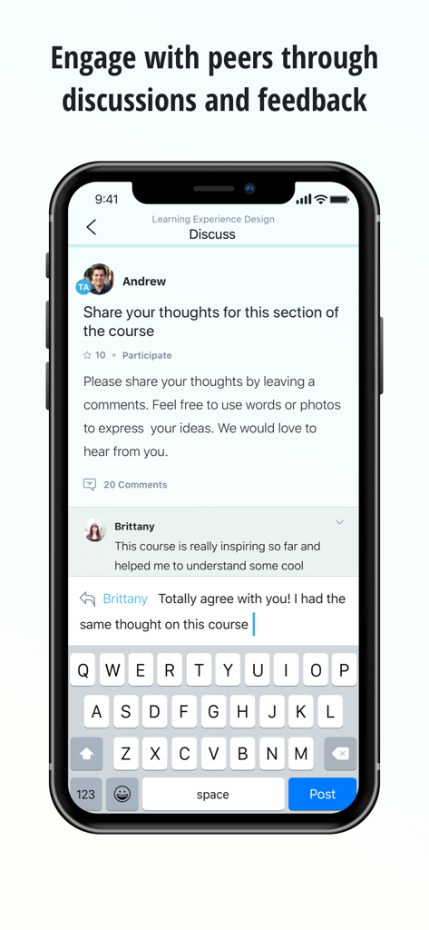 Interfaz de la aplicación NovoEd que muestra un hilo de discusión del curso con comentarios de compañeros