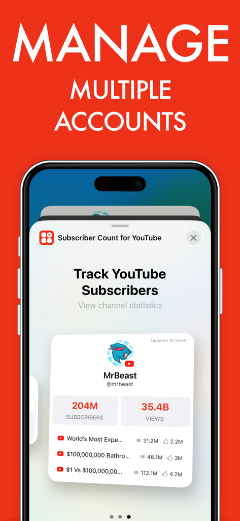 Subscriber Count for YouTube + - A mobile app screen showing real-time YouTube subscriber and view counts for multiple accounts with a focus on MrBeast statistics.