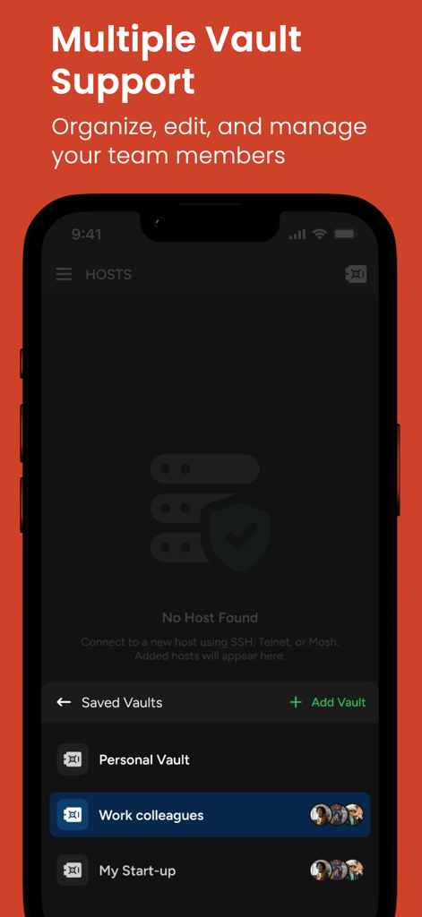Terminal - SFTP & SSH Client - Terminal app interface showing multiple vault support for organizing server credentials and team members