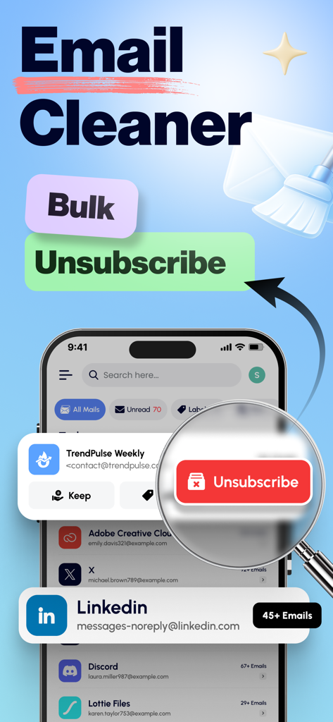 Email Cleaner : Inbox Cleaner - A screenshot of the Email Cleaner app showcasing its bulk unsubscribe feature to quickly remove unwanted email subscriptions and declutter the inbox.
