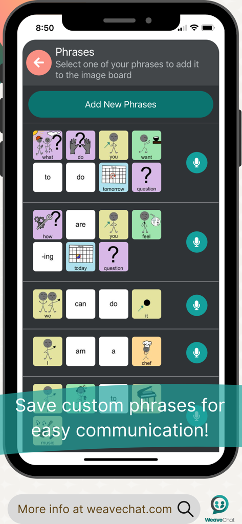 Weave Chat AAC - Weave Chat AAC app screen showing a list of saved custom communication phrases with icons