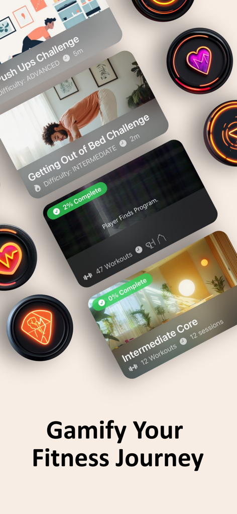 Fireflyアプリのワークアウトチャレンジカードとアチーブメントバッジのコレクション