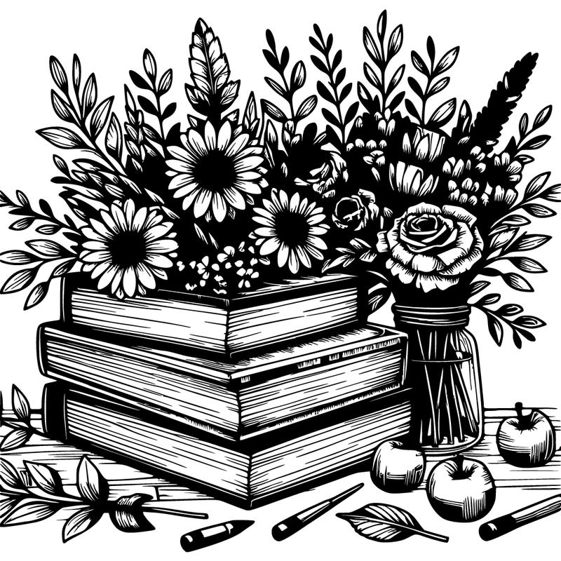 rustic books and flowers realistic