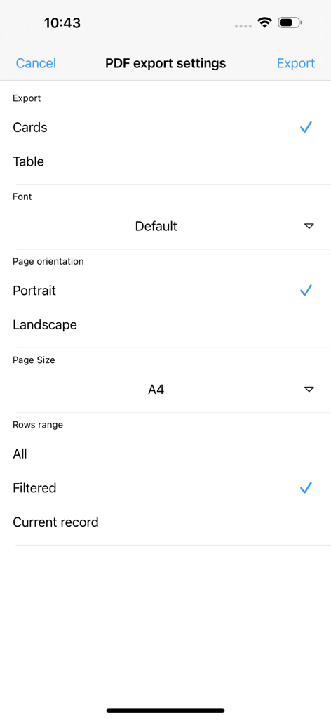 MobiDB Database - Écran de l'application MobiDB Database montrant les paramètres d'exportation PDF, y compris les options de mise en page, d'orientation, de taille de page et de sélection de lignes