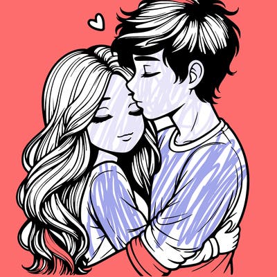 a realistic couple boy and girl hugging and kissing