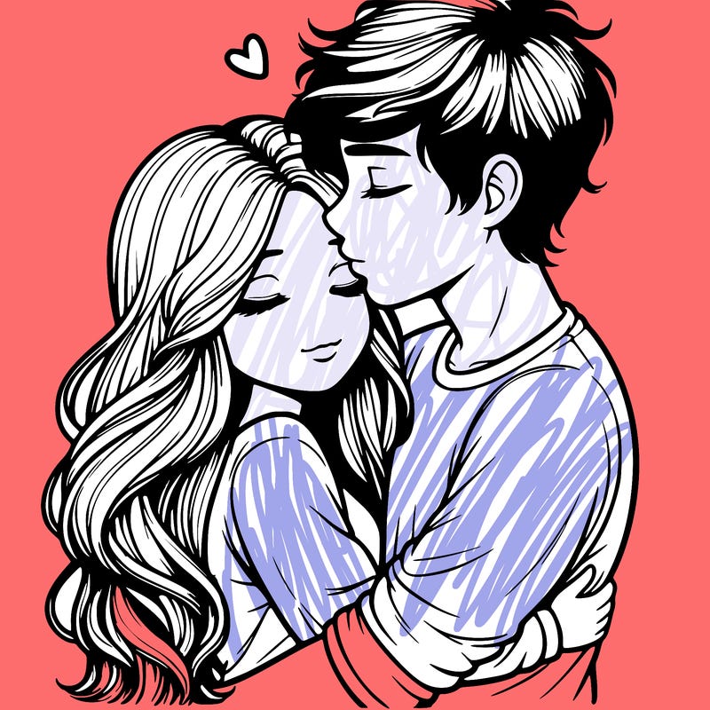 a realistic couple boy and girl hugging and kissing