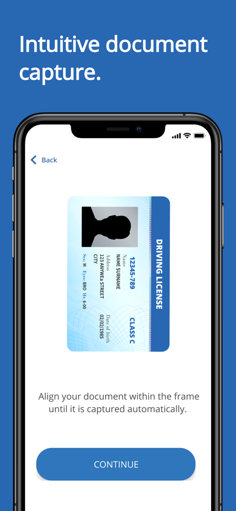 ID-Pal - 本人確認のための直感的な運転免許証撮影デモを行うID-Palモバイルアプリのインターフェース。