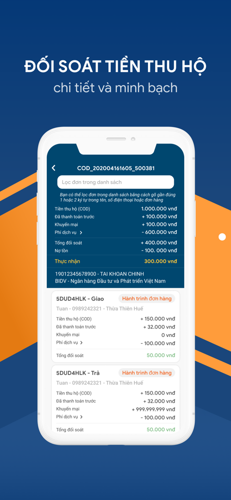 GHN mobile app dashboard showing detailed cash on delivery payment reconciliation and financial summaries for e-commerce orders