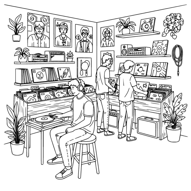friends at a record store

a cozy record store where a few friends browse vinyl records together. people flip through record bins while someone listens to music at a small listening station with headphones. posters of musicians hang on the walls and shelves hold records and music equipment. include simple decorations, album covers, stools, and plants so there are interesting details but the space still feels open and easy to color.