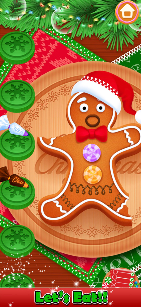 Decorated gingerbread man wearing a Santa hat and red bow tie in a festive Christmas cooking game.