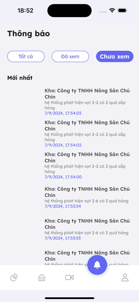 FruitAI - Mobile app screen showing real time notifications for fruit quality alerts and spoilage detection in a warehouse setting.