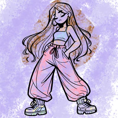 girl in baggy pants crop top and long hair