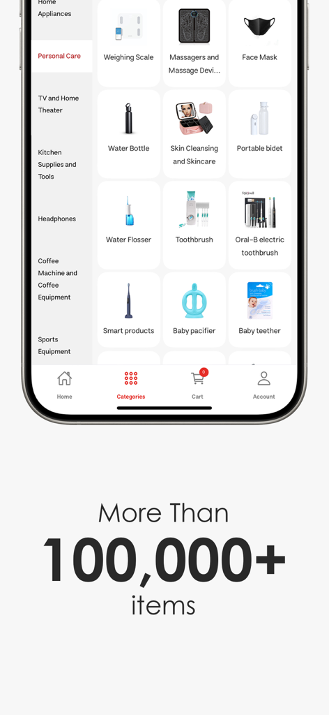 Jomla app interface showing personal care categories and a diverse range of over 100,000 items