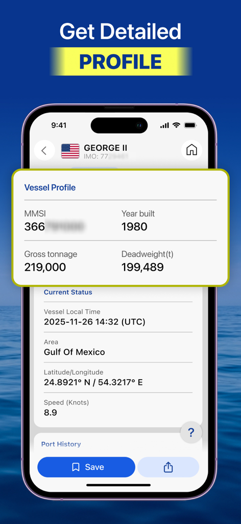 Une capture d'écran mobile d'un profil détaillé de navire pour le navire George II, montrant des données telles que le tonnage brut, l'année de construction et sa position actuelle dans le golfe du Mexique.