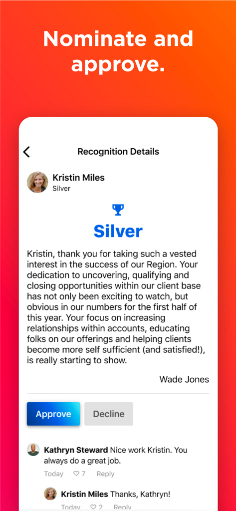 Employee recognition and nomination screen showing award details and approval buttons