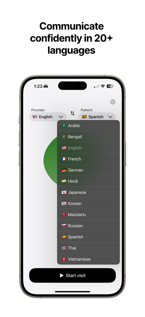 Aida - AI Medical Interpreter - Aida app interface displaying a dropdown list of over twenty languages for medical interpretation.