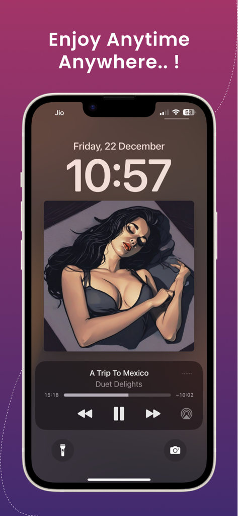 iPhone lock screen showing the Erotica app audio player with an illustrated spicy story titled A Trip To Mexico.