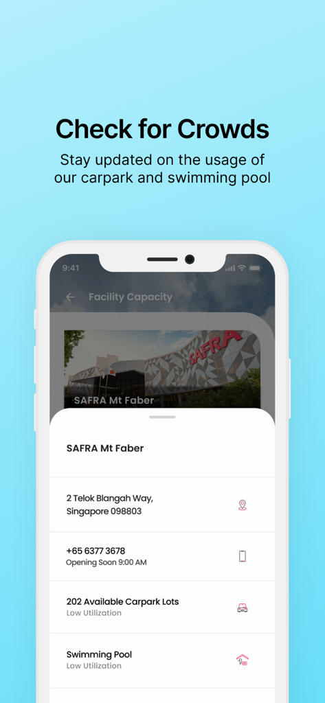 Screenshot of the SAFRA app showing real time capacity for carpark lots and the swimming pool at the Mt Faber club.