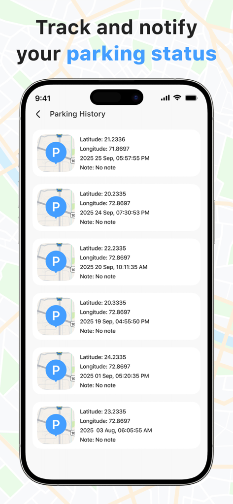 Lista de histórico de estacionamento com coordenadas GPS e carimbos de data/hora