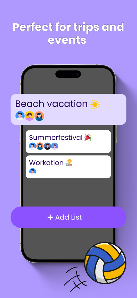 Packing List & Planner: Packup - Packup app interface showing organized packing lists for beach vacations, summer festivals, and workations.