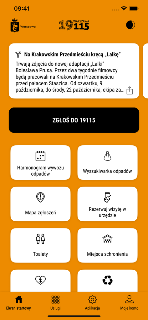 Warszawa 19115 - 바르샤바 19115 모바일 앱 대시보드가 쓰레기 관리 및 보고 제출과 같은 도시 서비스를 표시하는 화면