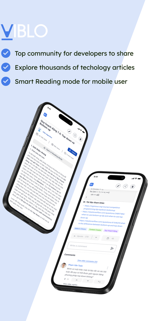 Viblo - Viblo Mobile App: Oberfläche, die technische Artikel und Community-Funktionen für Entwickler anzeigt