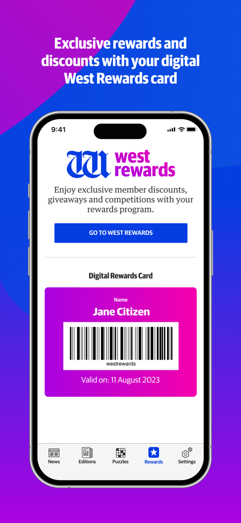 Screenshot of The West Australian app displaying the digital West Rewards card for member discounts and exclusive offers.